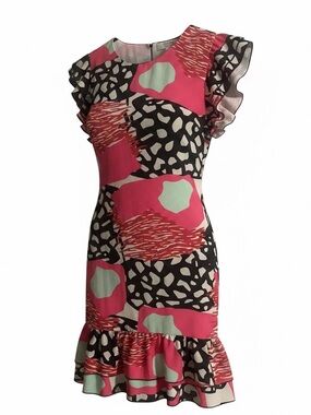 Crosby Mollie Burch small Black White Coral Multiprint Dress Ruffle Hem